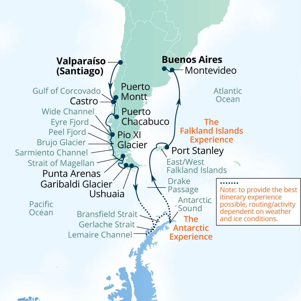 Seabourn Quest 28-day Valparaiso (Santiago), Chile to Buenos Aires, Argentina itinerary map, February 5-March 4 2028