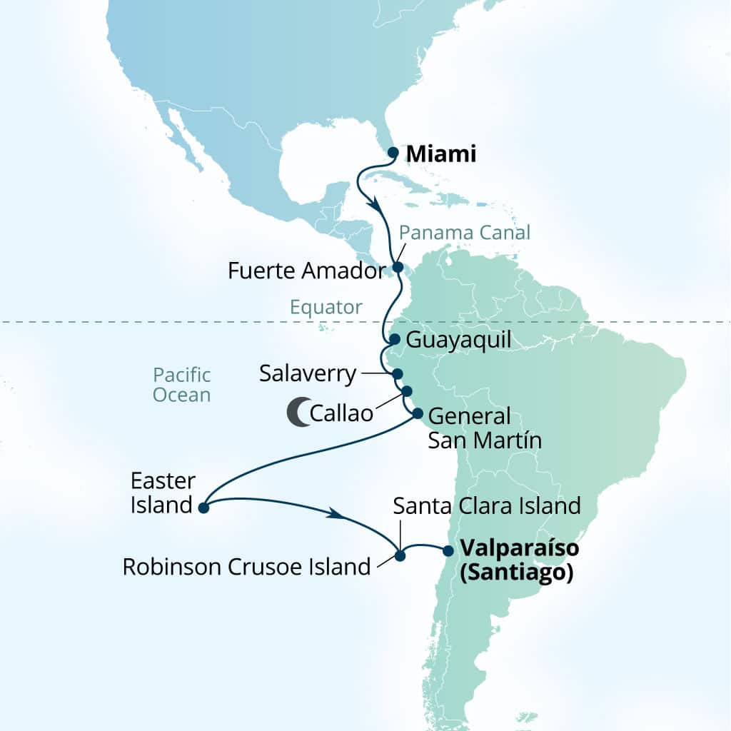Seabourn Quest 29-day Miami, Florida, US to Valparaiso (Santiago), Chile itinerary map, January 7-February 5 2028