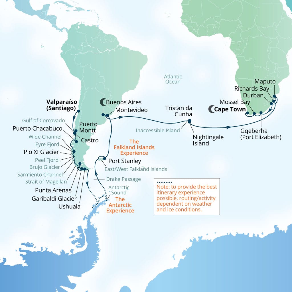 Seabourn Quest 53-day Valparaiso (Santiago), Chile to Cape Town, South Africa itinerary map, February 5-March 29 2028