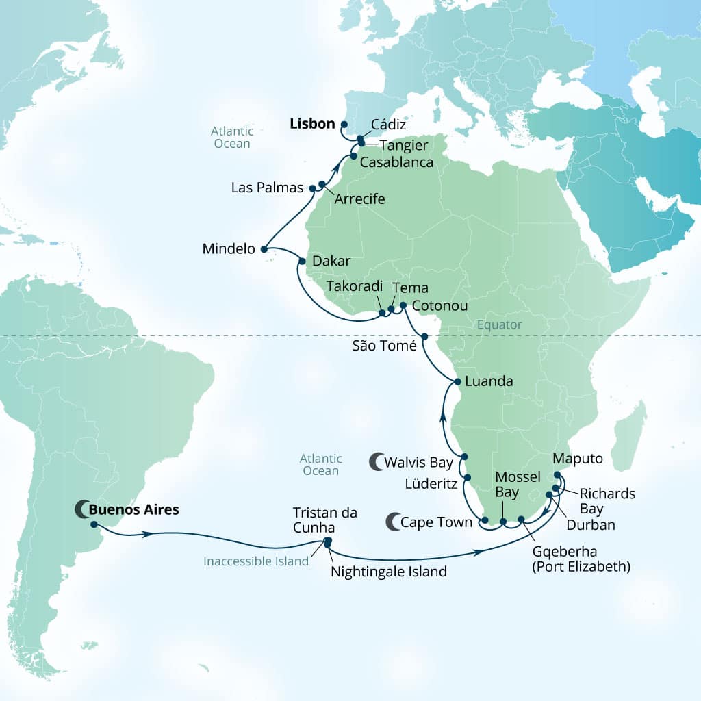 Seabourn Quest 55-day Buenos Aires, Argentina to Lisbon, Portugal itinerary map, March 4-April 28 2028
