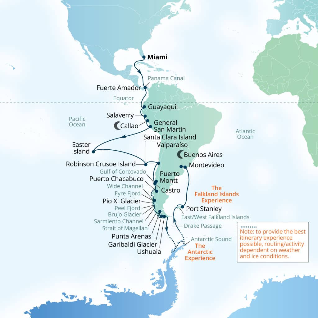 Seabourn Quest 57-day Miami, Florida, US to Buenos Aires, Argentina itinerary map, January 7-March 4 2028