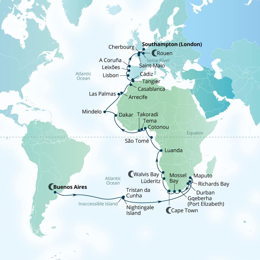 Seabourn Quest 63-day Buenos Aires, Argentina to Southampton (London), England itinerary map, March 4-May 6 2028