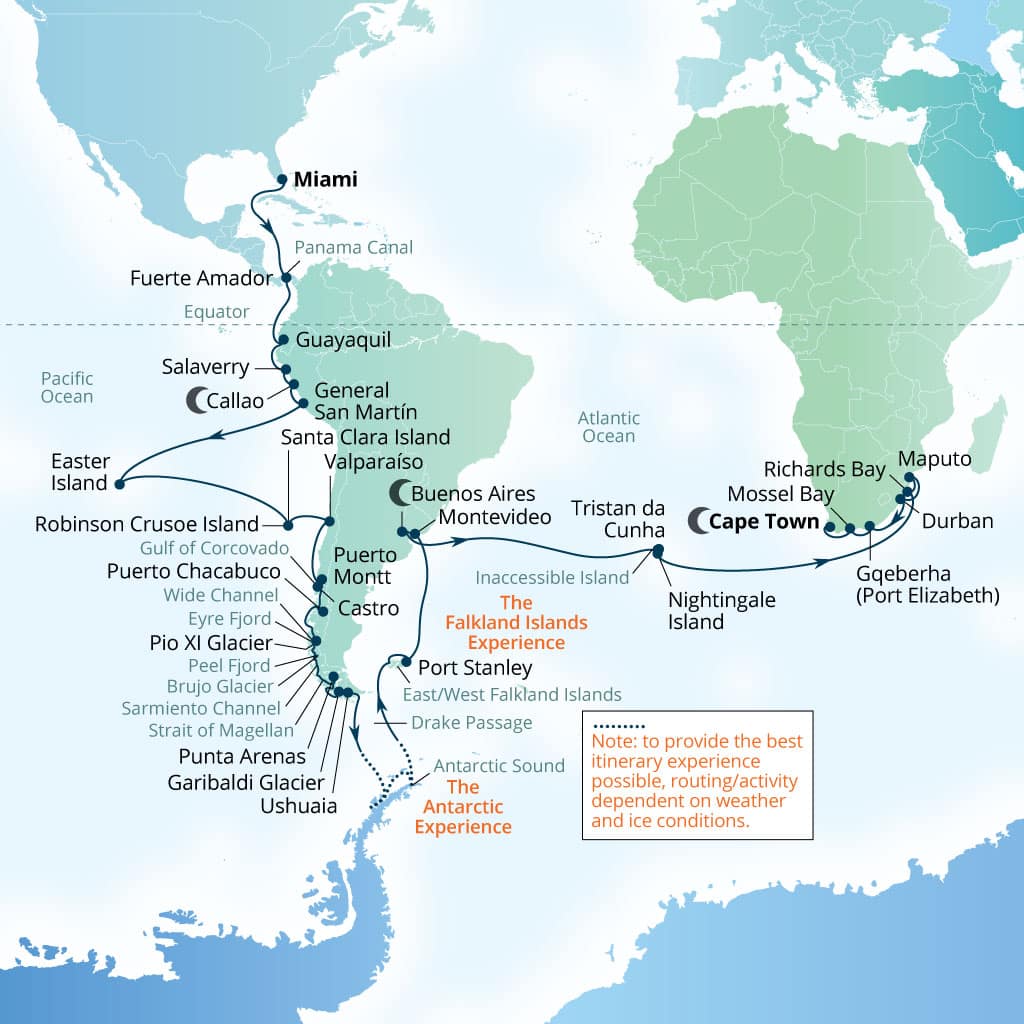 Seabourn Quest 82-day Miami, Florida, US to Cape Town, South Africa itinerary map, January 7-March 29 2028