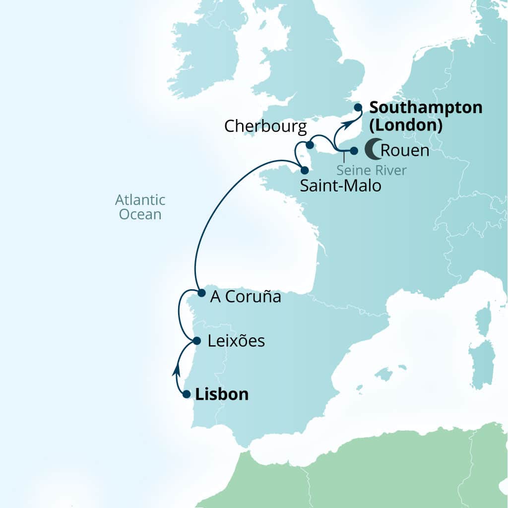 Seabourn Quest 8-day Lisbon, Portugal to Southampton (London), England itinerary map, April 28-May 6 2028
