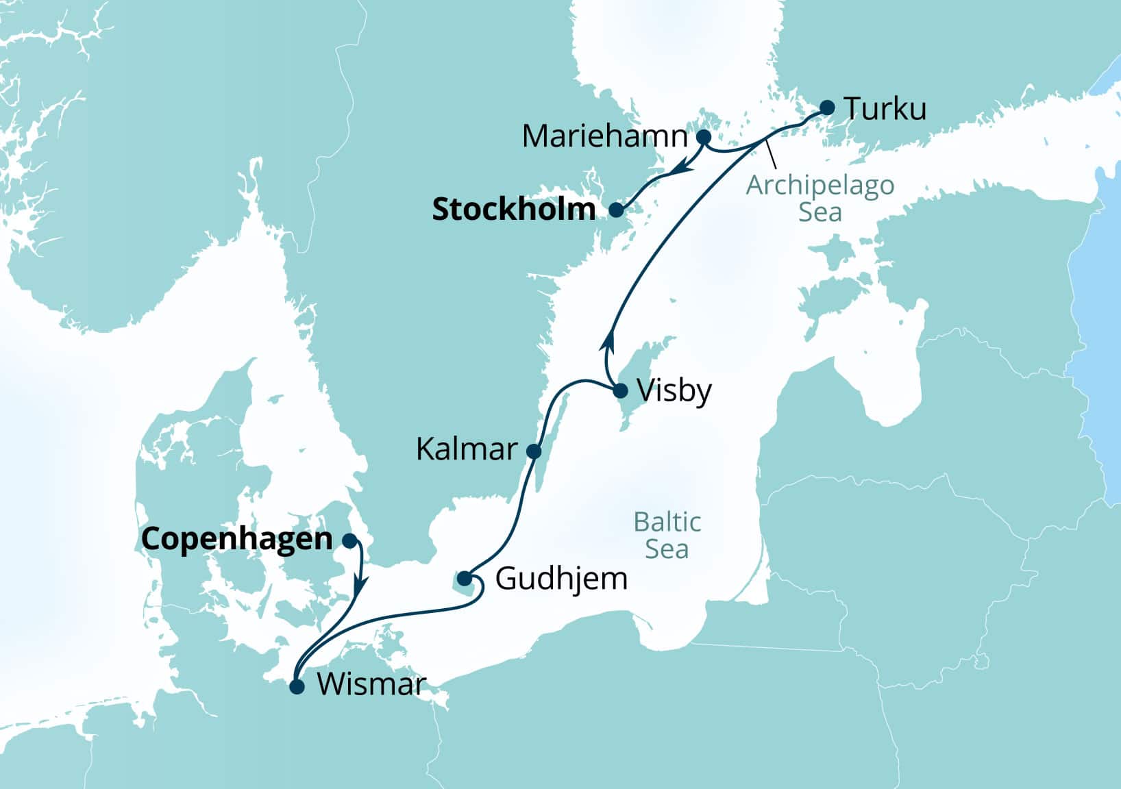 Seabourn Quest Voyage 6941 Copenhagen, Denmark to Stockholm, Sweden itinerary map, June 23-30 2029