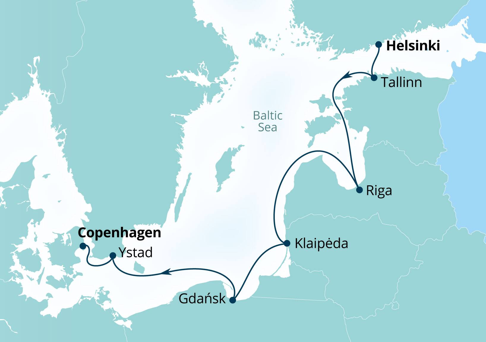 Seabourn Quest Voyage 6945 Helsinki, Finland to Copenhagen, Denmark itinerary map, July 7-14 2029
