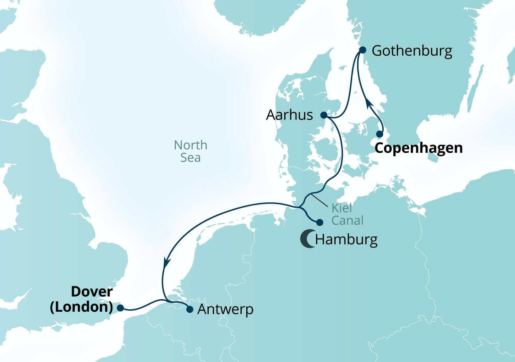 Seabourn Quest Voyage 6946 Copenhagen, Denmark to Dover (London), England, UK itinerary map, July 14-21 2029