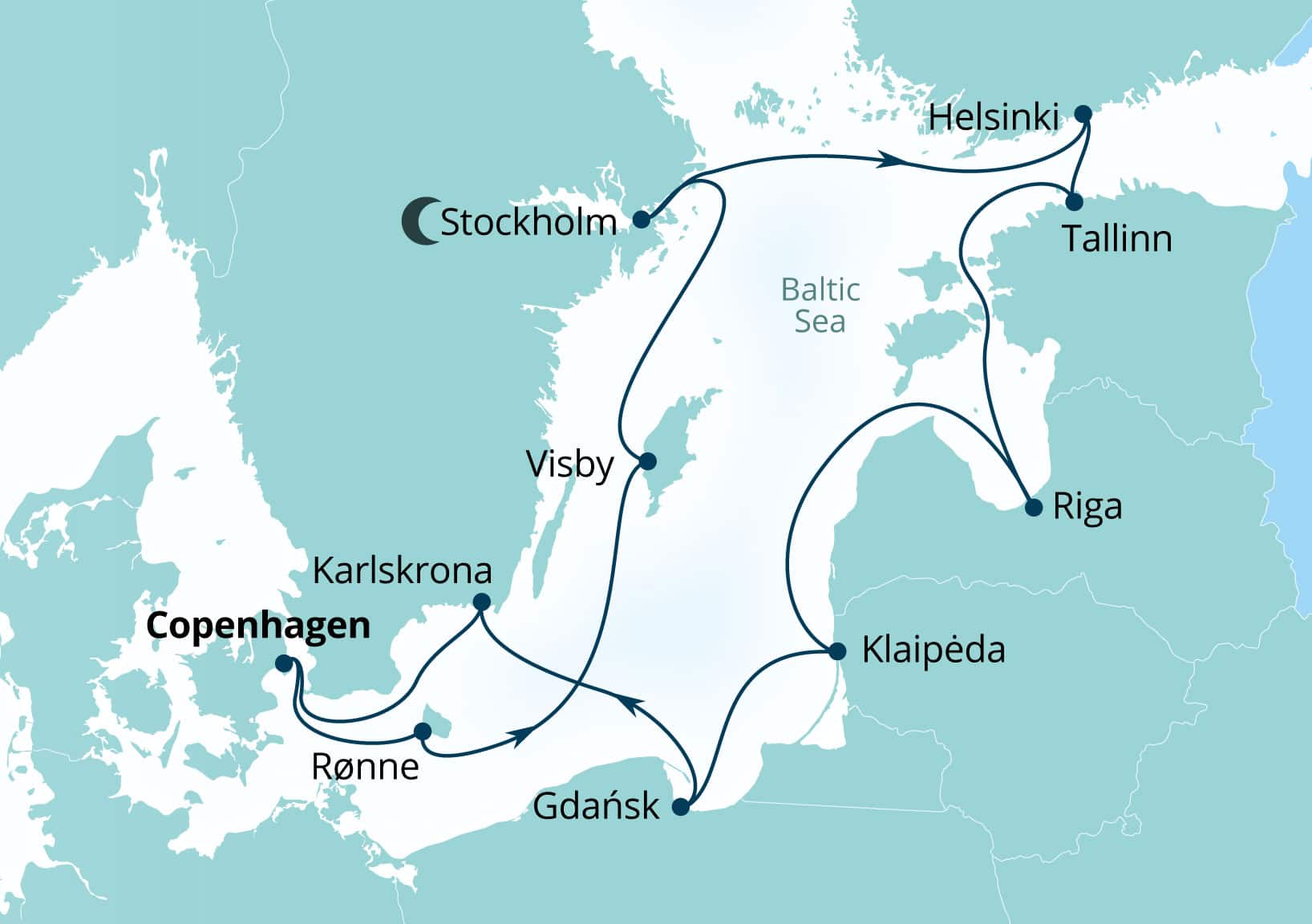 Seabourn Quest Voyage 6953 Copenhagen, Denmark to Copenhagen, Denmark itinerary map, August 18-30 2029