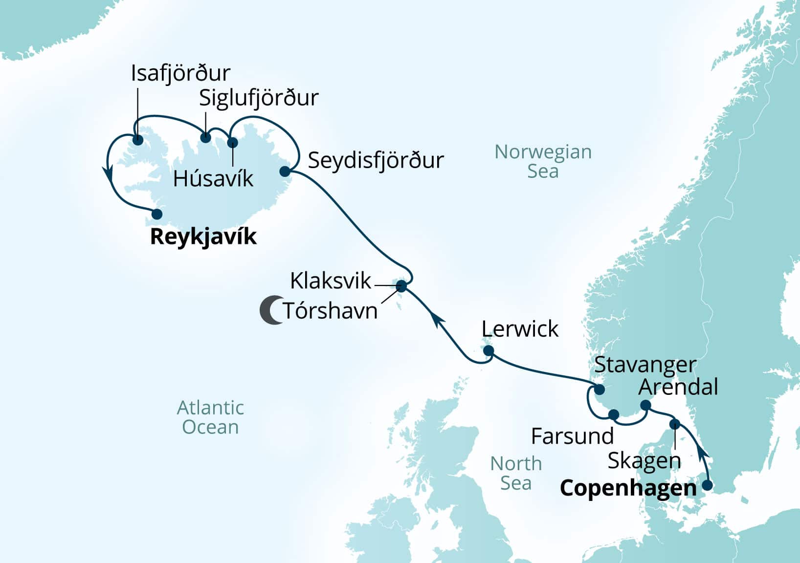 Seabourn Quest Voyage 6954 Copenhagen, Denmark to Reykjavik, Iceland itinerary map, August 30-September 11 2029