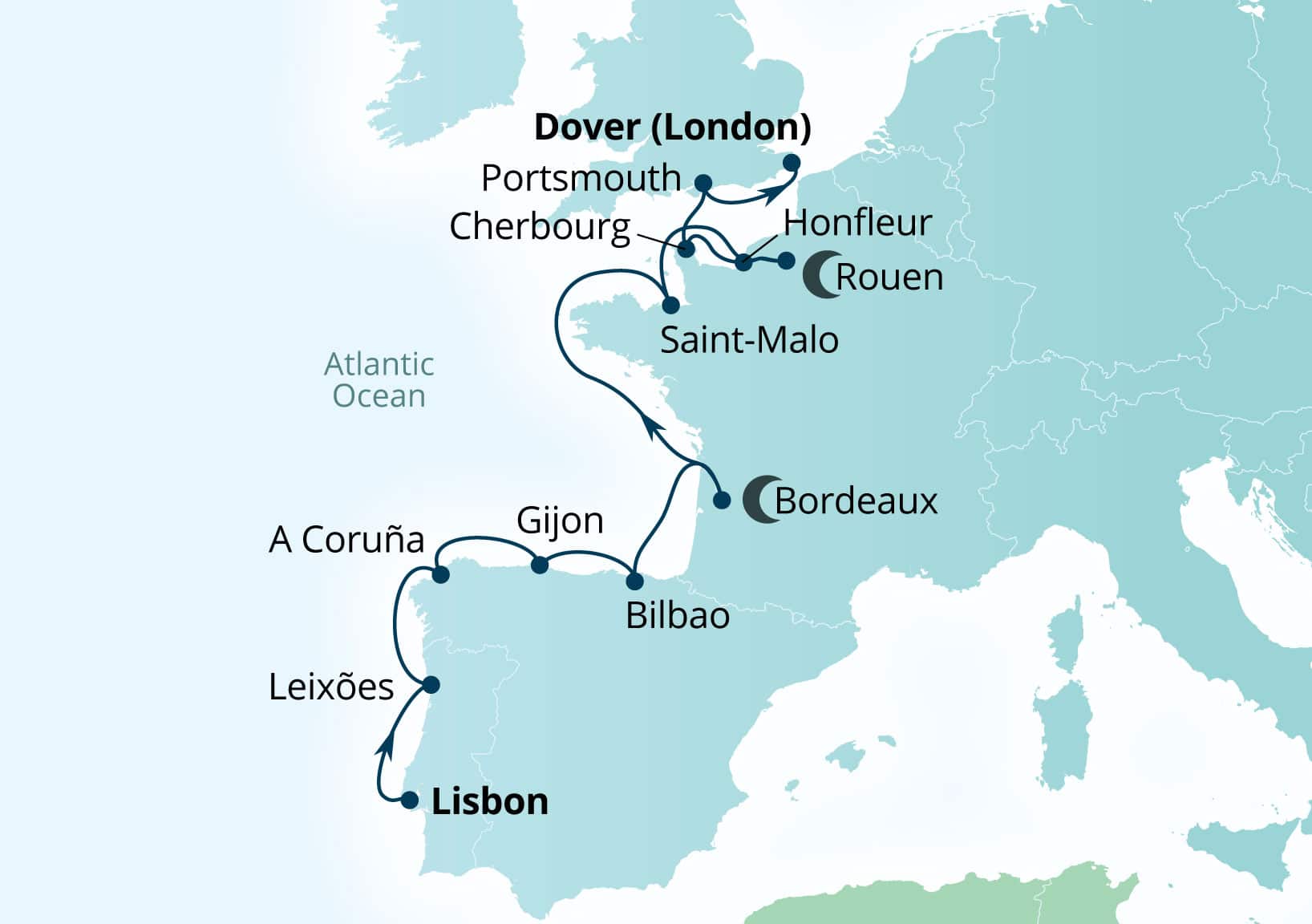 Seabourn Quest Voyage 6937 Lisbon, Portugal to Dover (London), England, UK itinerary map, May 26-June 9 2029
