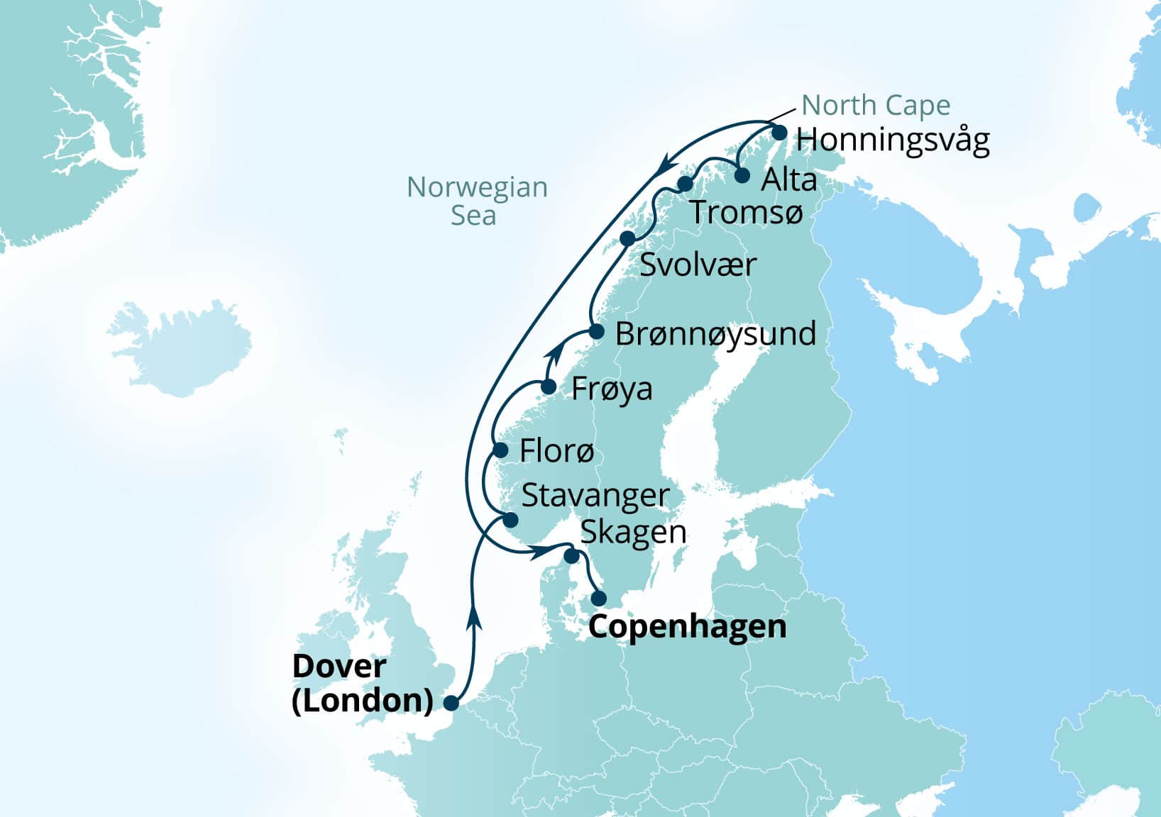 Seabourn Quest Voyage 6938 Dover (London), England, UK to Copenhagen, Denmark itinerary map, June 9-23 2029