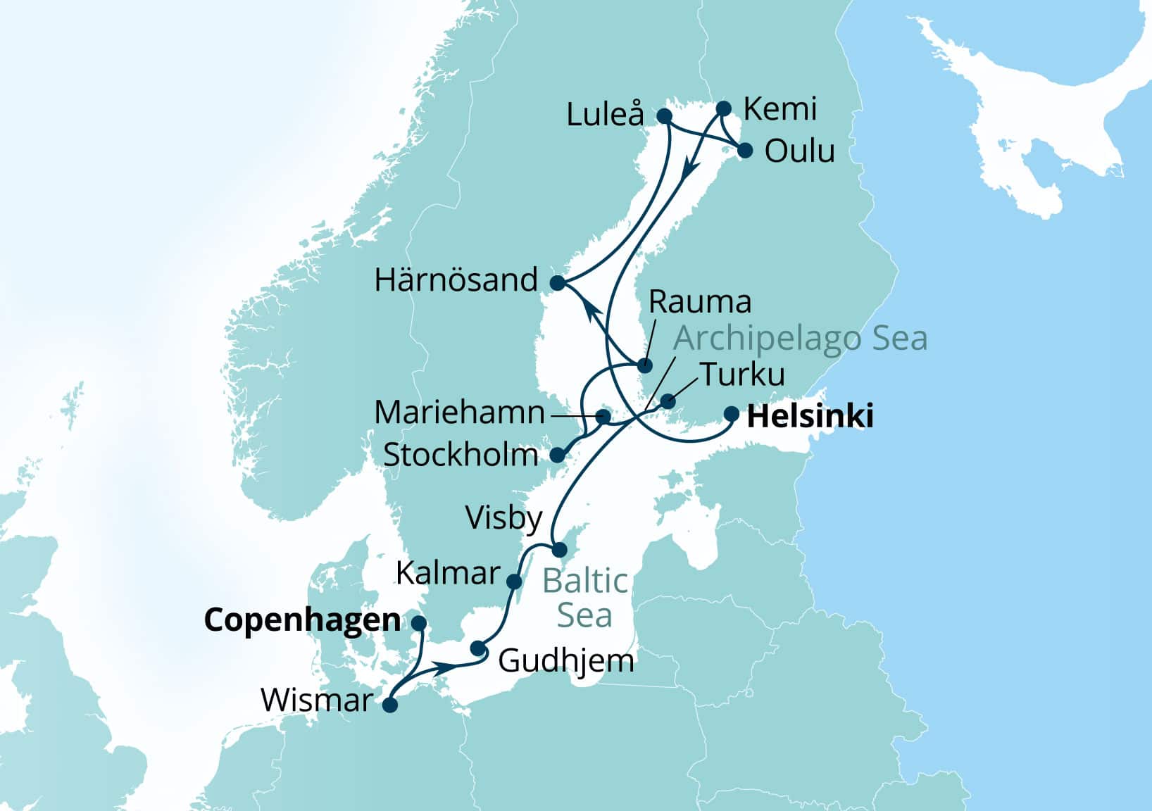 Seabourn Quest Voyage 6941A Copenhagen, Denmark to Helsinki, Finland itinerary map, June 23-July 7 2029