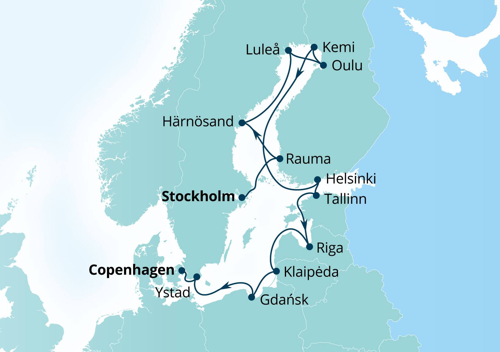 Seabourn Quest Voyage 6942A Stockholm, Sweden to Copenhagen, Denmark itinerary map, June 30-July 14 2029