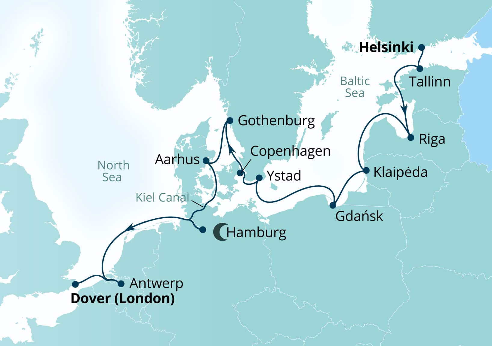 Seabourn Quest Voyage 6945A Helsinki, Finland to Dover (London), England, UK itinerary map, July 7-21 2029