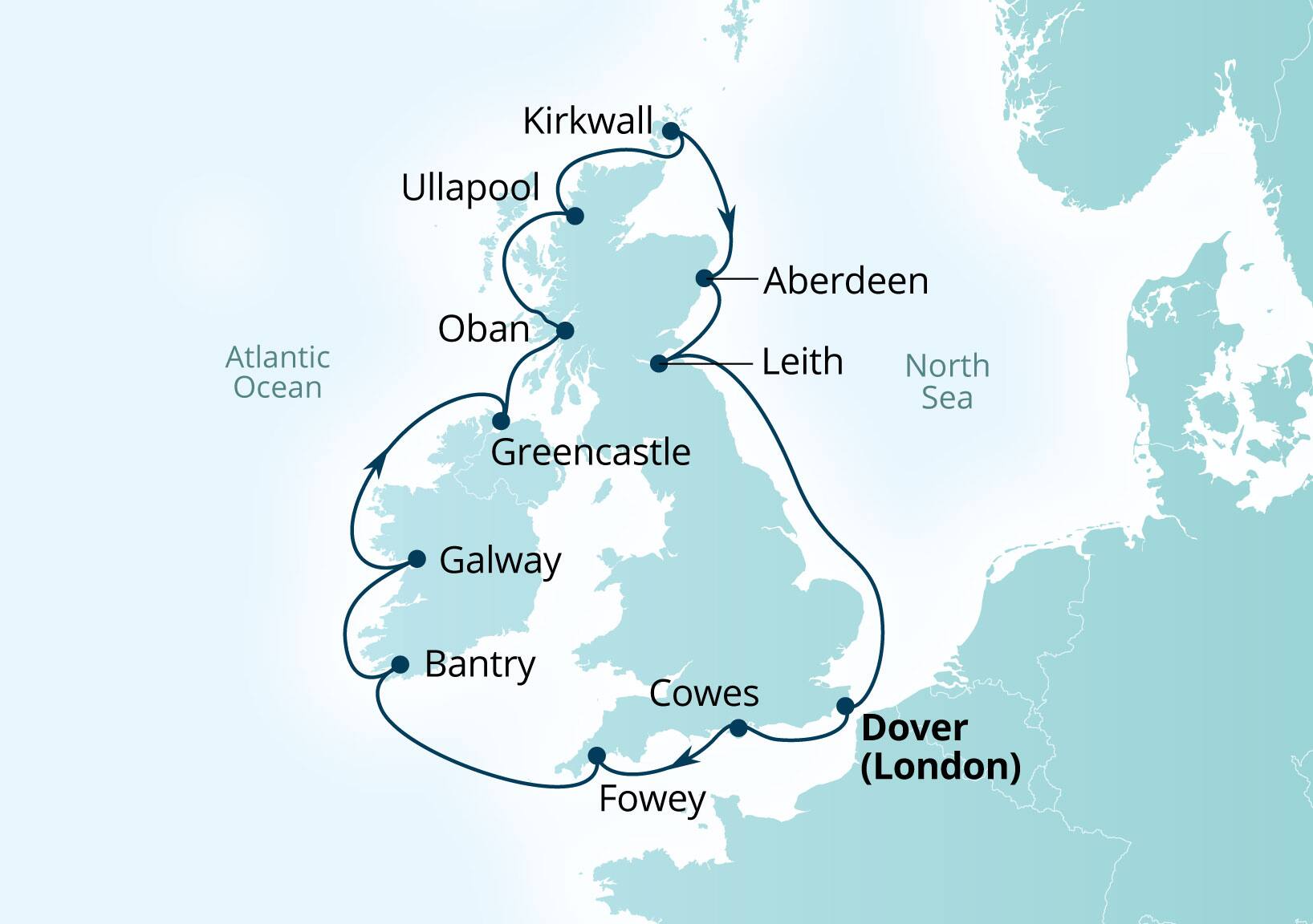 Seabourn Quest Voyage 6949 Dover (London), England, UK to Dover (London), England, UK itinerary map, July 21-August 4 2029