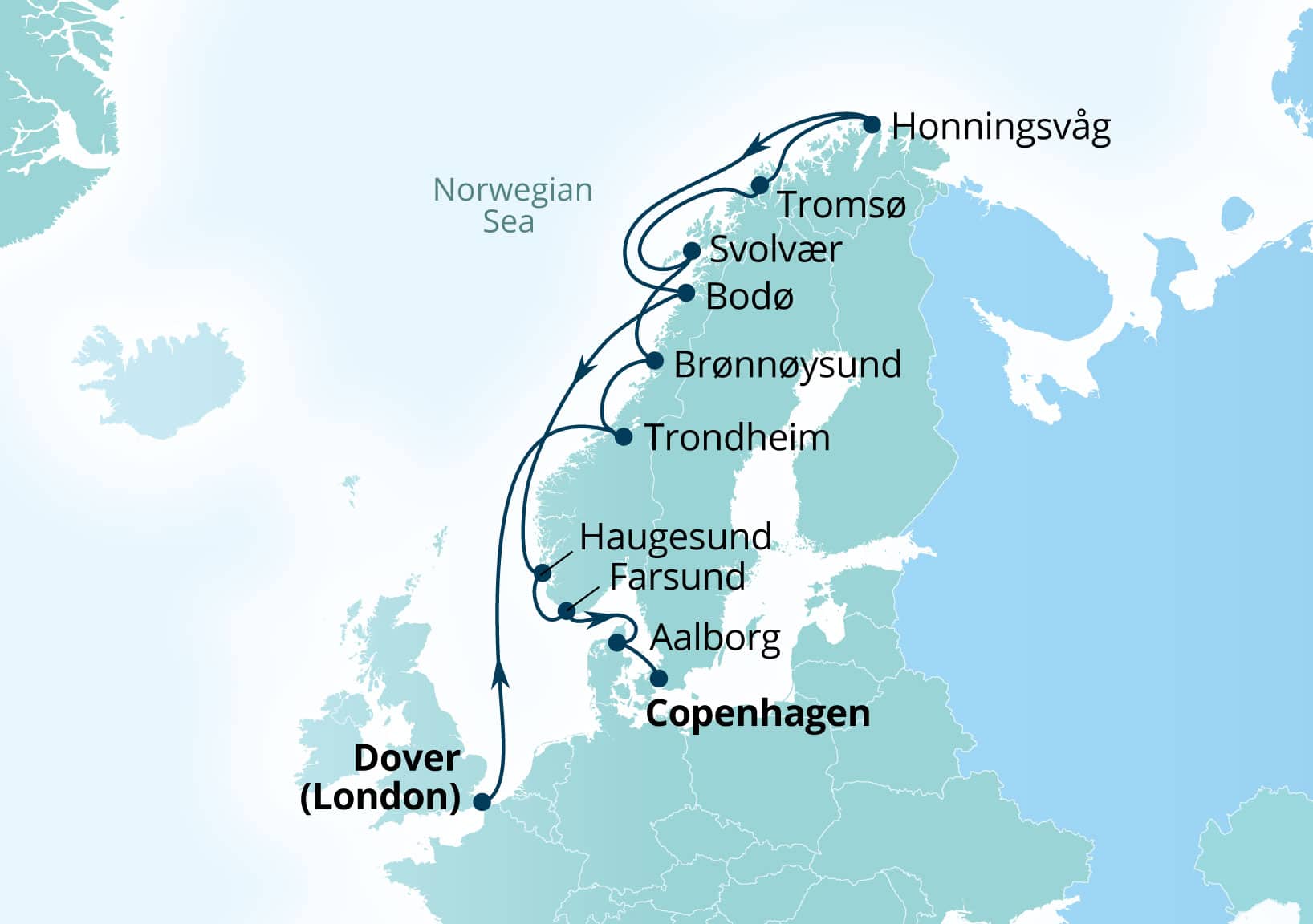 Seabourn Quest Voyage 6950 Dover (London), England, UK to Copenhagen, Denmark itinerary map, August 4-18 2029