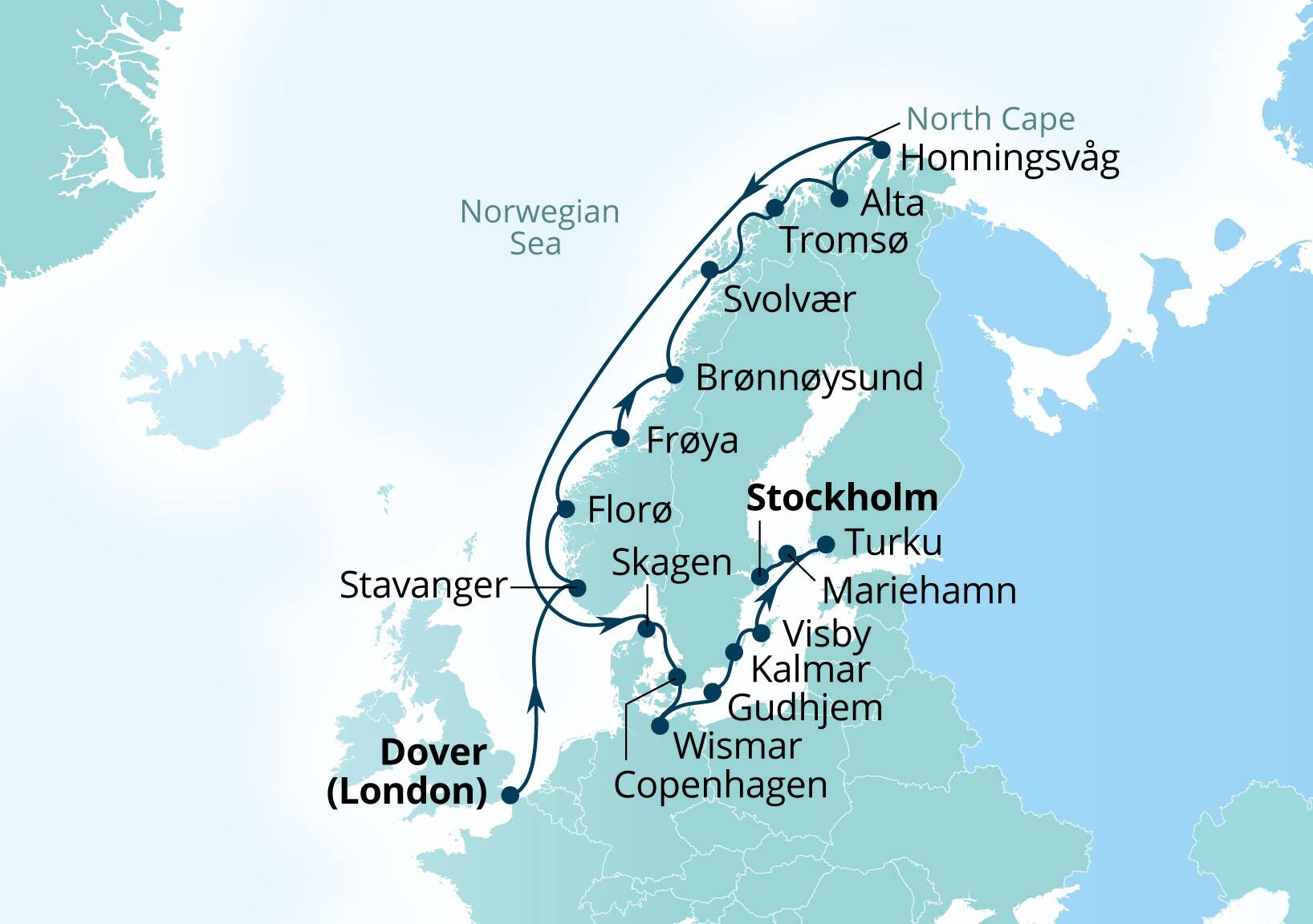 Seabourn Quest Voyage 6938A Dover (London), England, UK to Stockholm, Sweden itinerary map, June 9-30 2029