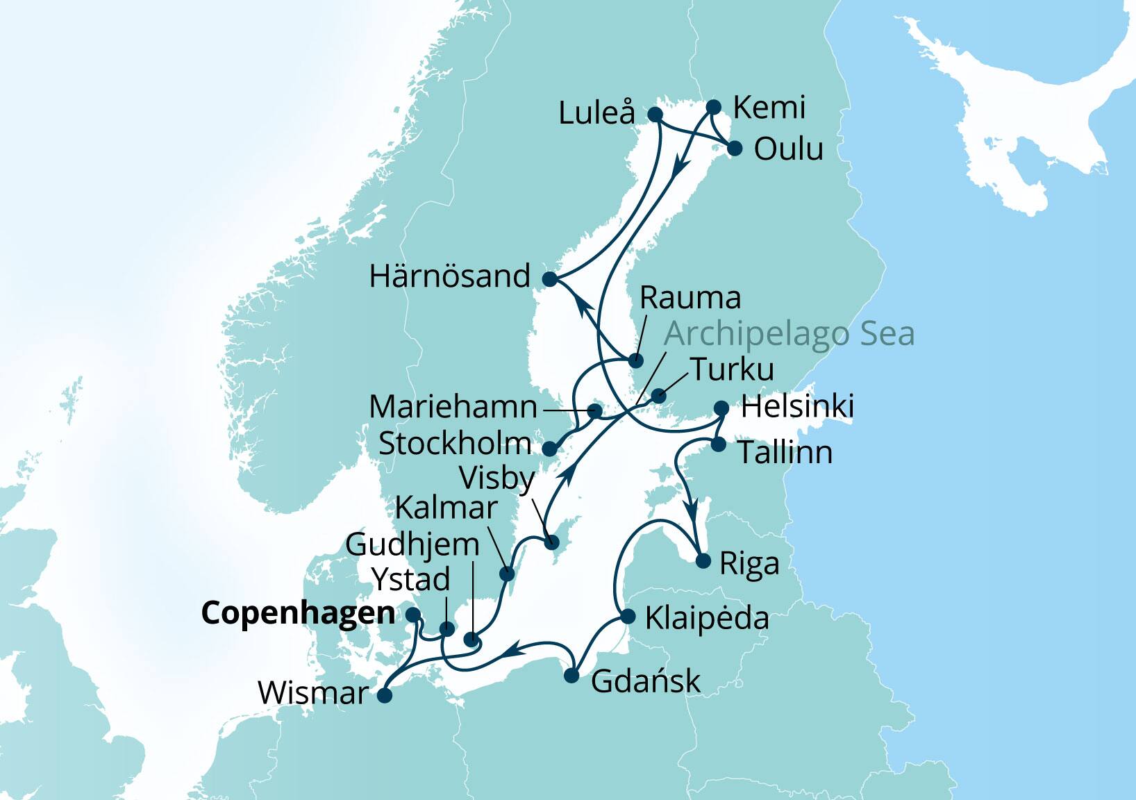Seabourn Quest Voyage 6941B Copenhagen, Denmark to Copenhagen, Denmark itinerary map, June 23-July 14 2029