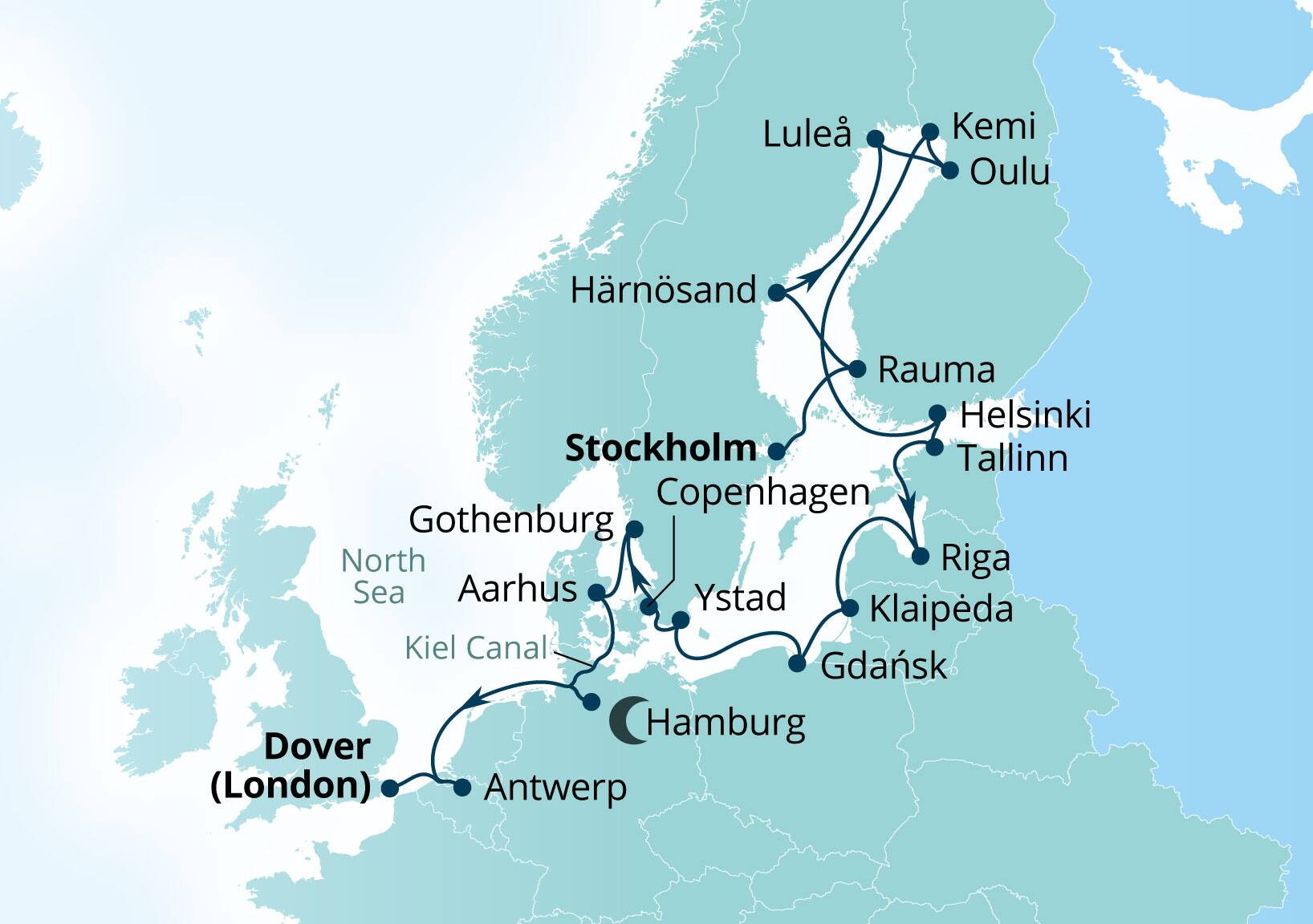Seabourn Quest Voyage 6942B Stockholm, Sweden to Dover (London), England, UK itinerary map, June 30-July 21 2029