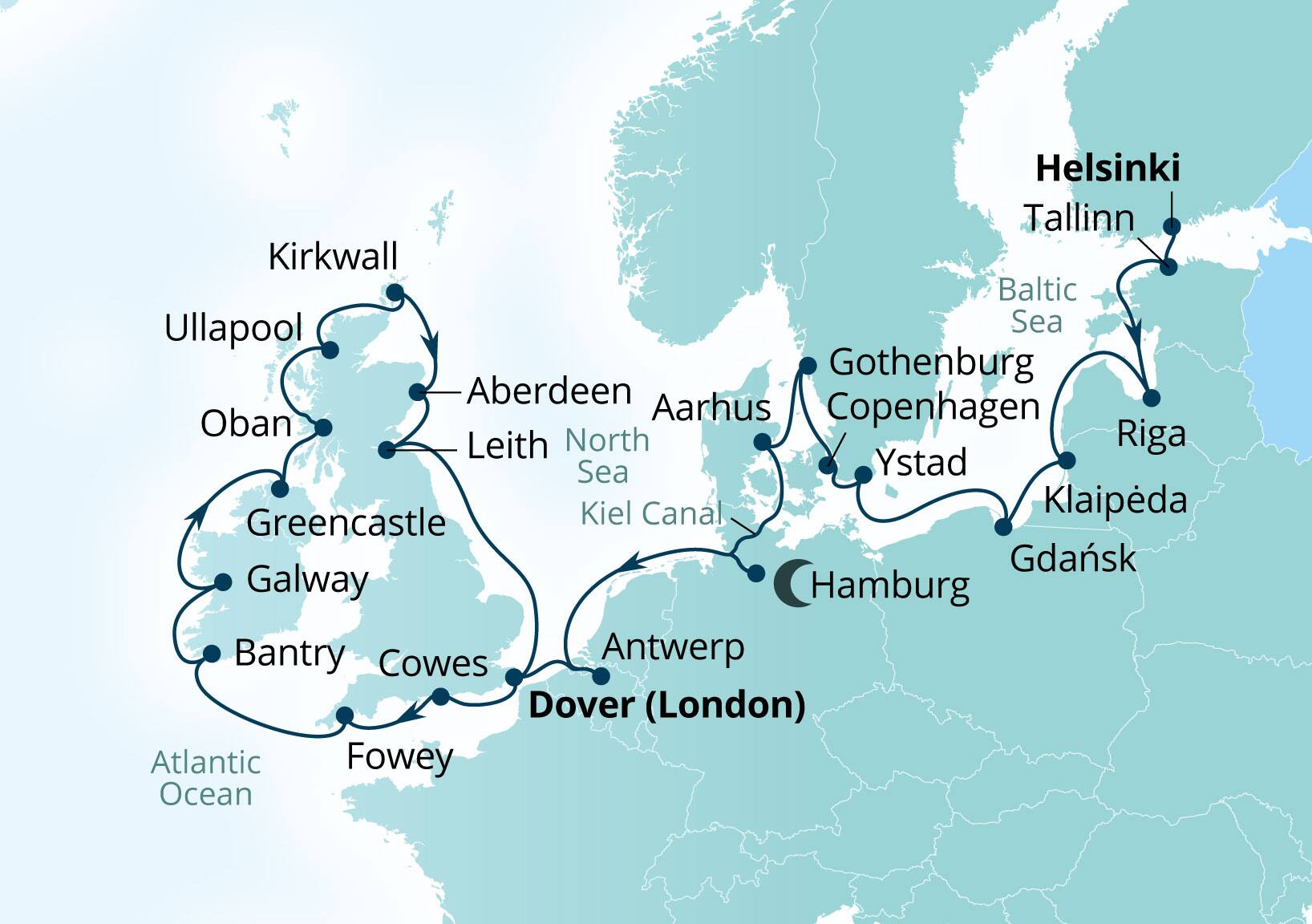 Seabourn Quest Voyage 6945B Helsinki, Finland to Dover (London), England, UK itinerary map, July 7-August 4 2029