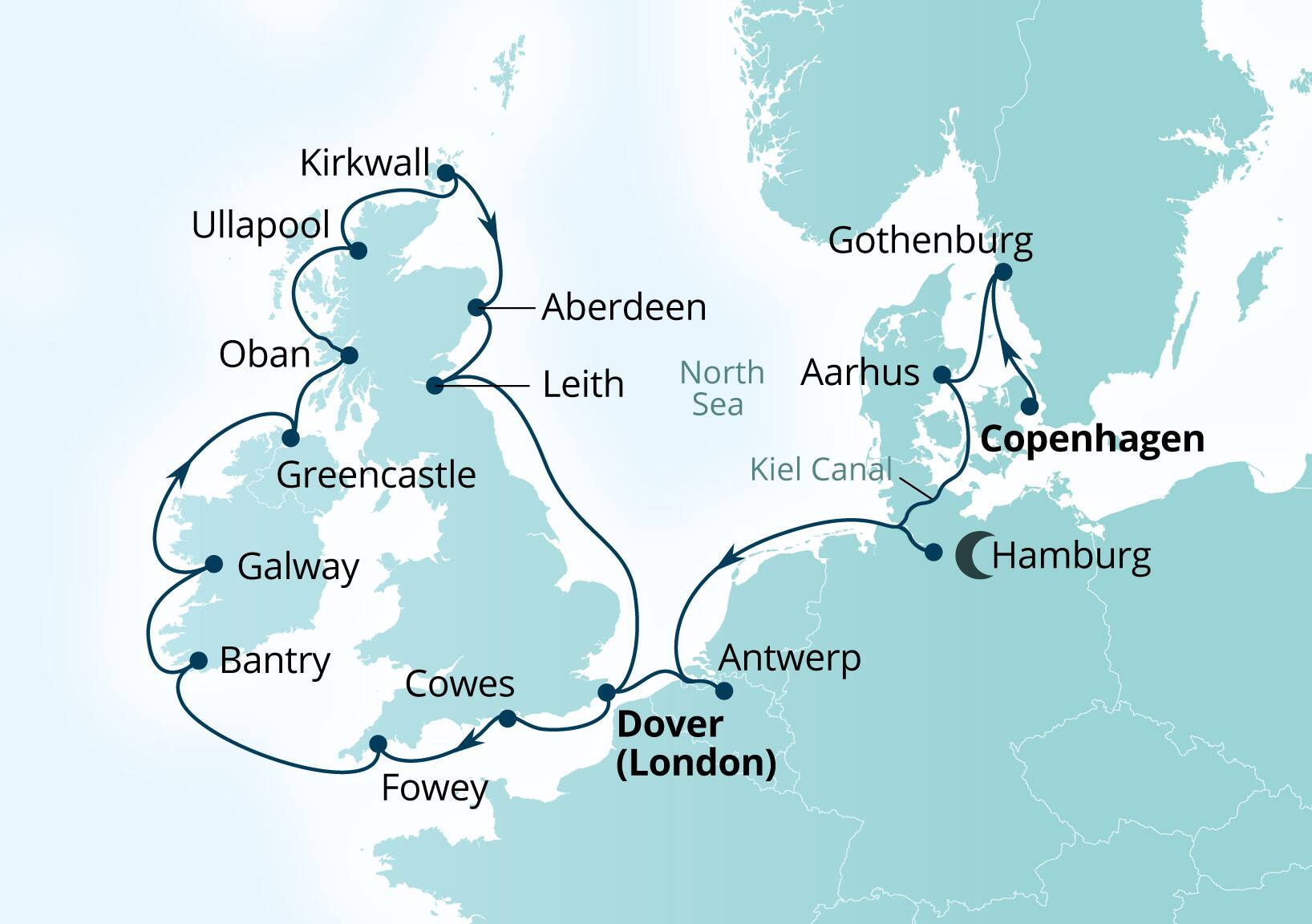 Seabourn Quest Voyage 6946A Copenhagen, Denmark to Dover (London), England, UK itinerary map, July 14-August 4 2029