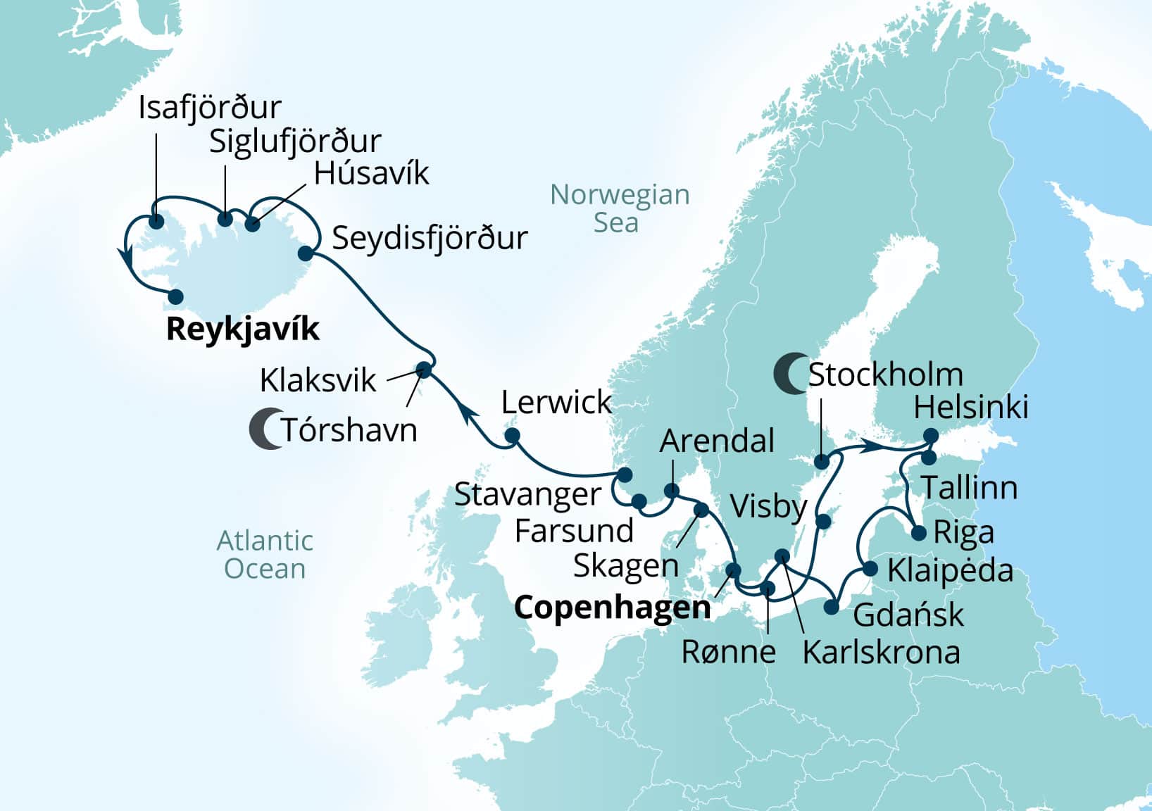 Seabourn Quest Voyage 6953A Copenhagen, Denmark to Reykjavik, Iceland itinerary map, August 18-September 11 2029