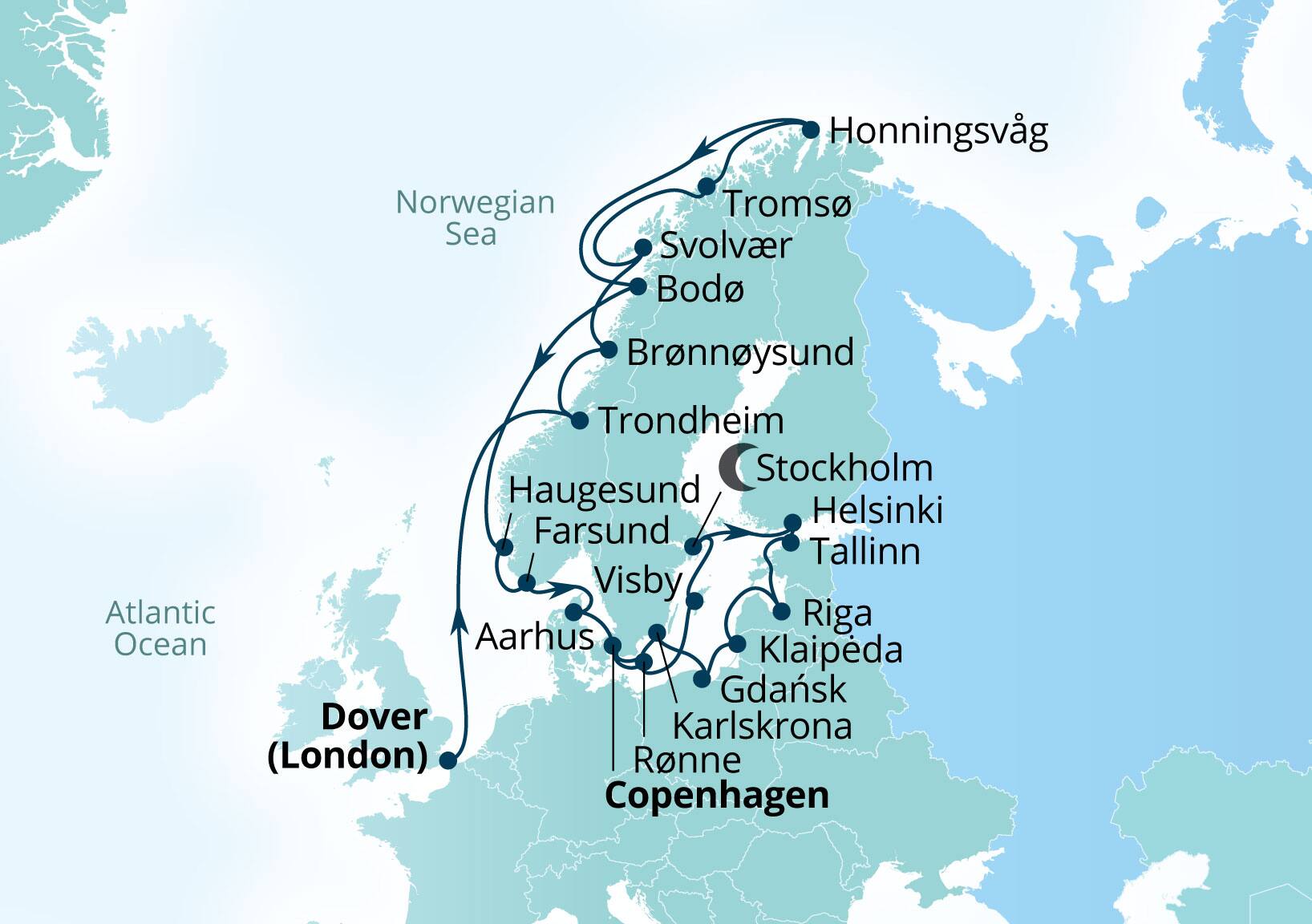 Seabourn Quest Voyage 6950A Dover (London), England, UK to Copenhagen, Denmark itinerary map, August 4-30 2029