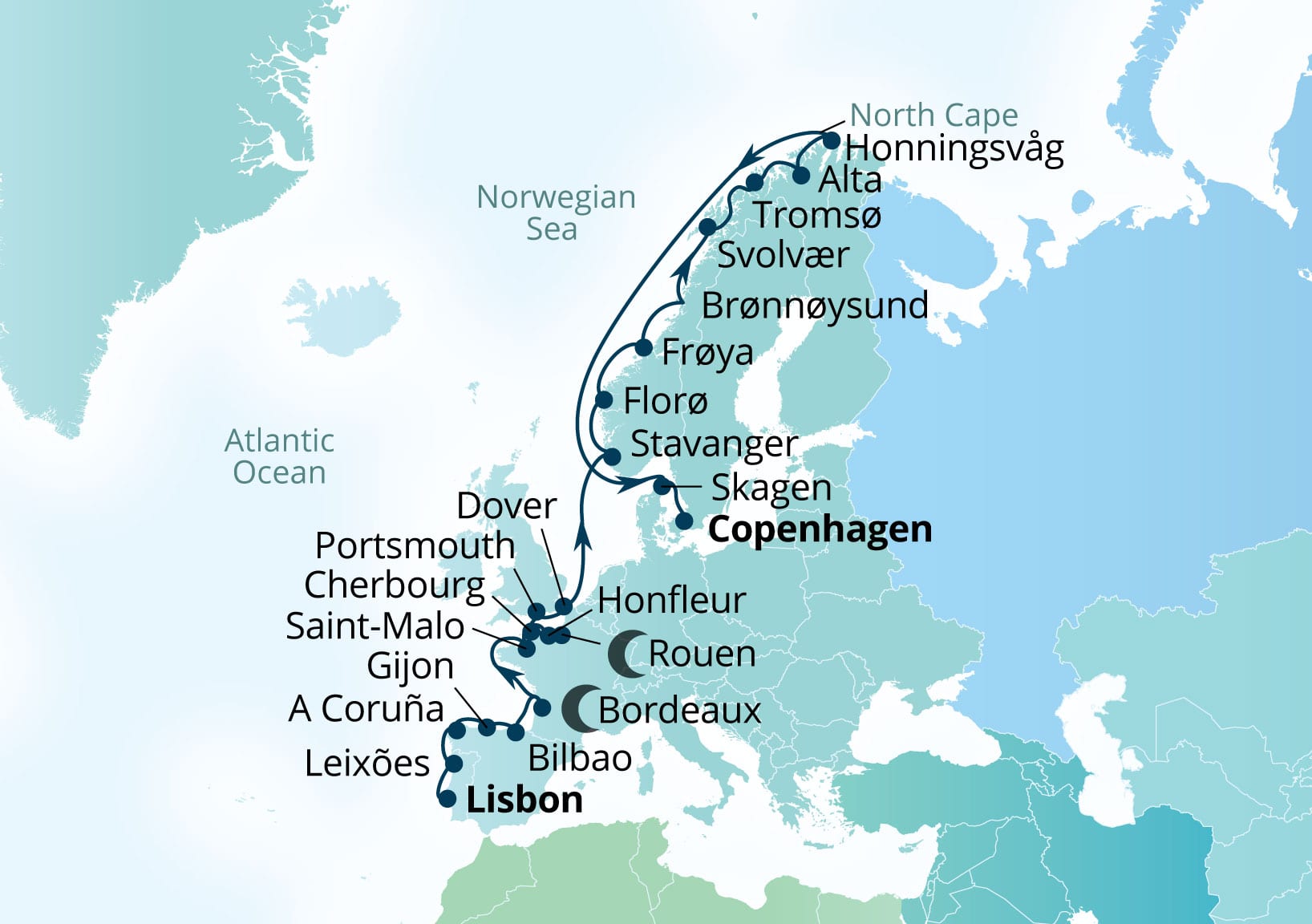 Seabourn Quest Voyage 6937A Lisbon, Portugal to Copenhagen, Denmark itinerary map, May 26-June 23 2029