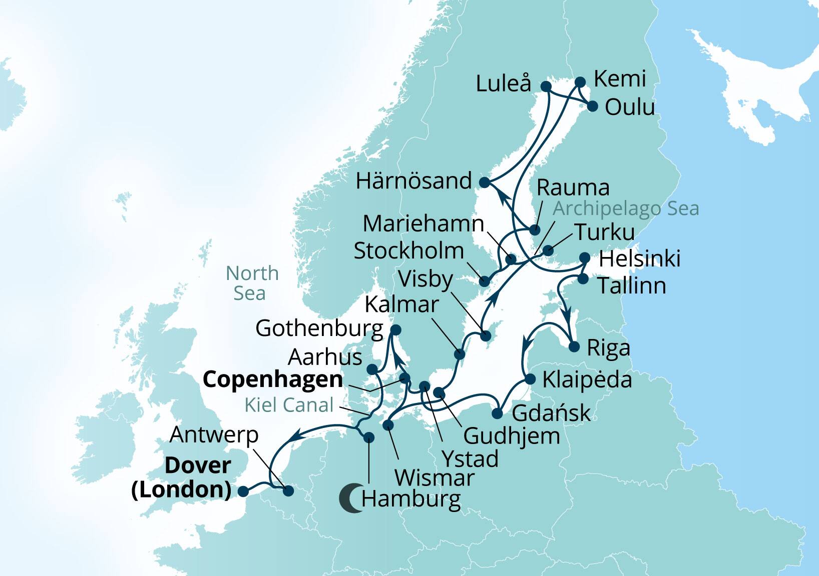 Seabourn Quest Voyage 6941C Copenhagen, Denmark to Dover (London), England, UK itinerary map, June 23-July 21 2029