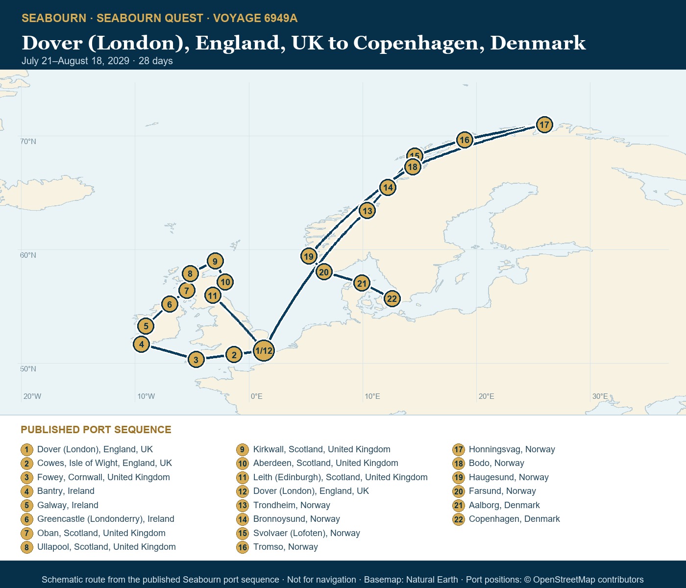 Seabourn Quest Voyage 6949A schematic map of verified named ports, July 21-August 18 2029