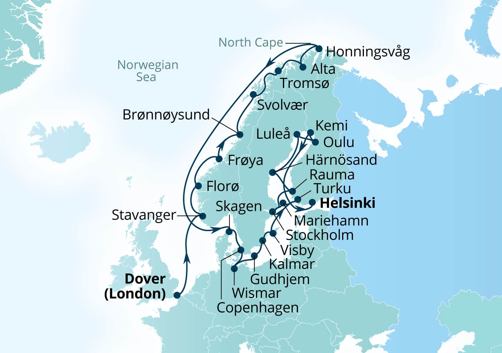 Seabourn Quest Voyage 6938B Dover (London), England, UK to Helsinki, Finland itinerary map, June 9-July 7 2029