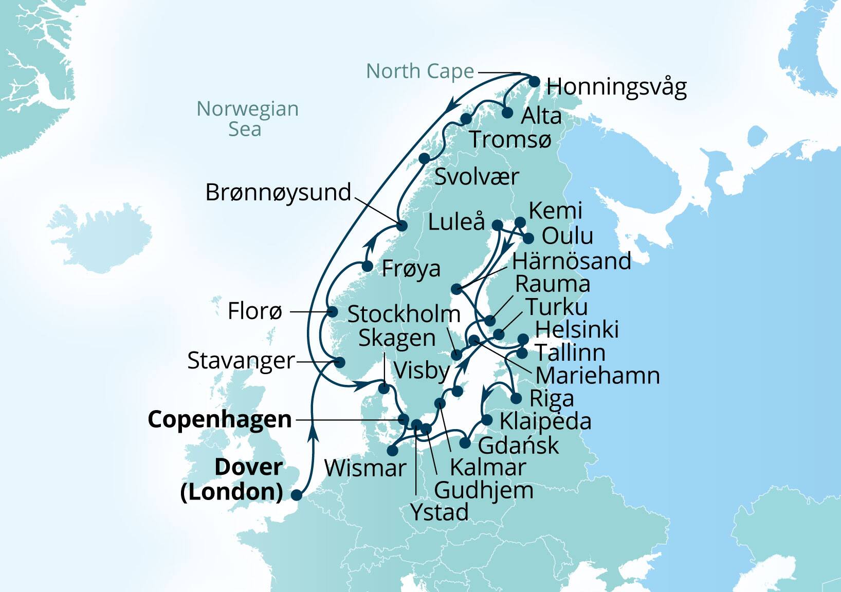 Seabourn Quest Voyage 6938C Dover (London), England, UK to Copenhagen, Denmark itinerary map, June 9-July 14 2029