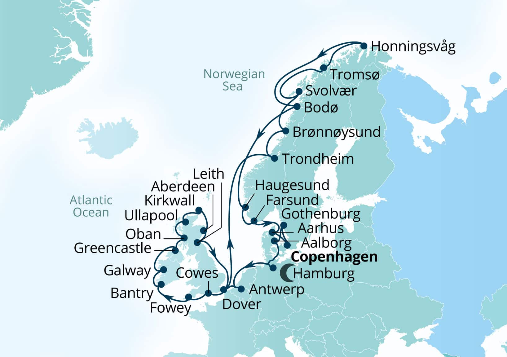 Seabourn Quest Voyage 6946B Copenhagen, Denmark to Copenhagen, Denmark itinerary map, July 14-August 18 2029