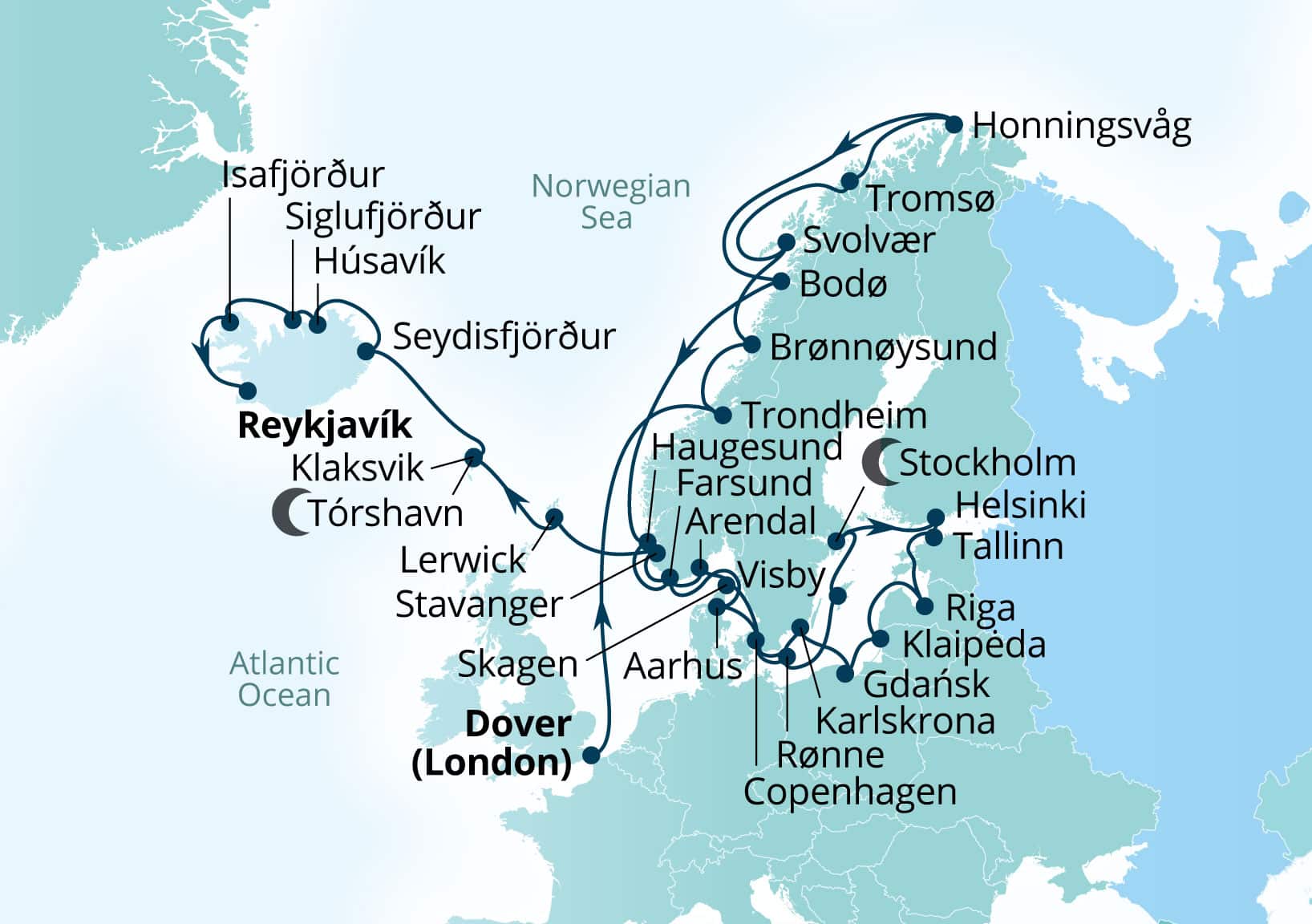Seabourn Quest Voyage 6950B Dover (London), England, UK to Reykjavik, Iceland itinerary map, August 4-September 11 2029