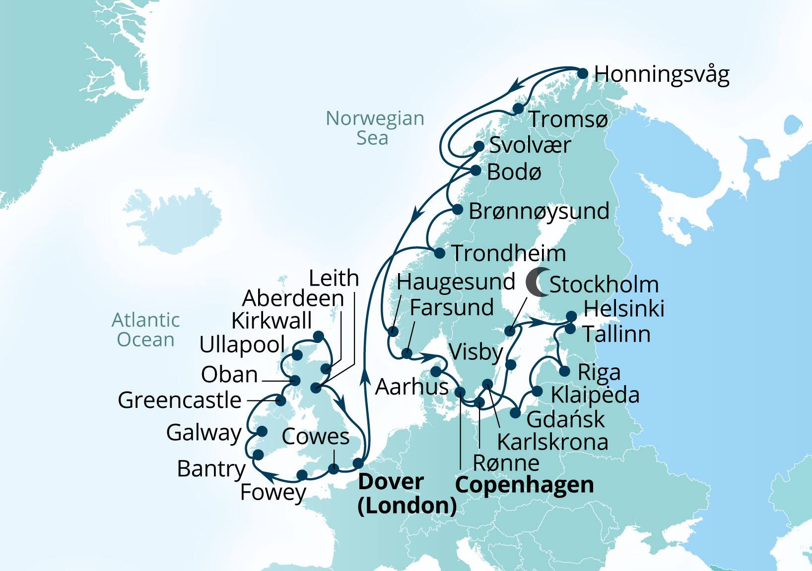 Seabourn Quest Voyage 6949B Dover (London), England, UK to Copenhagen, Denmark itinerary map, July 21-August 30 2029