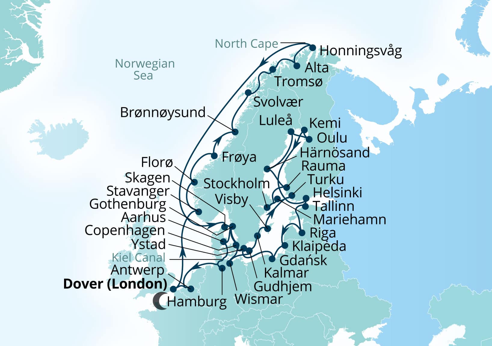 Seabourn Quest Voyage 6938D Dover (London), England, UK to Dover (London), England, UK itinerary map, June 9-July 21 2029