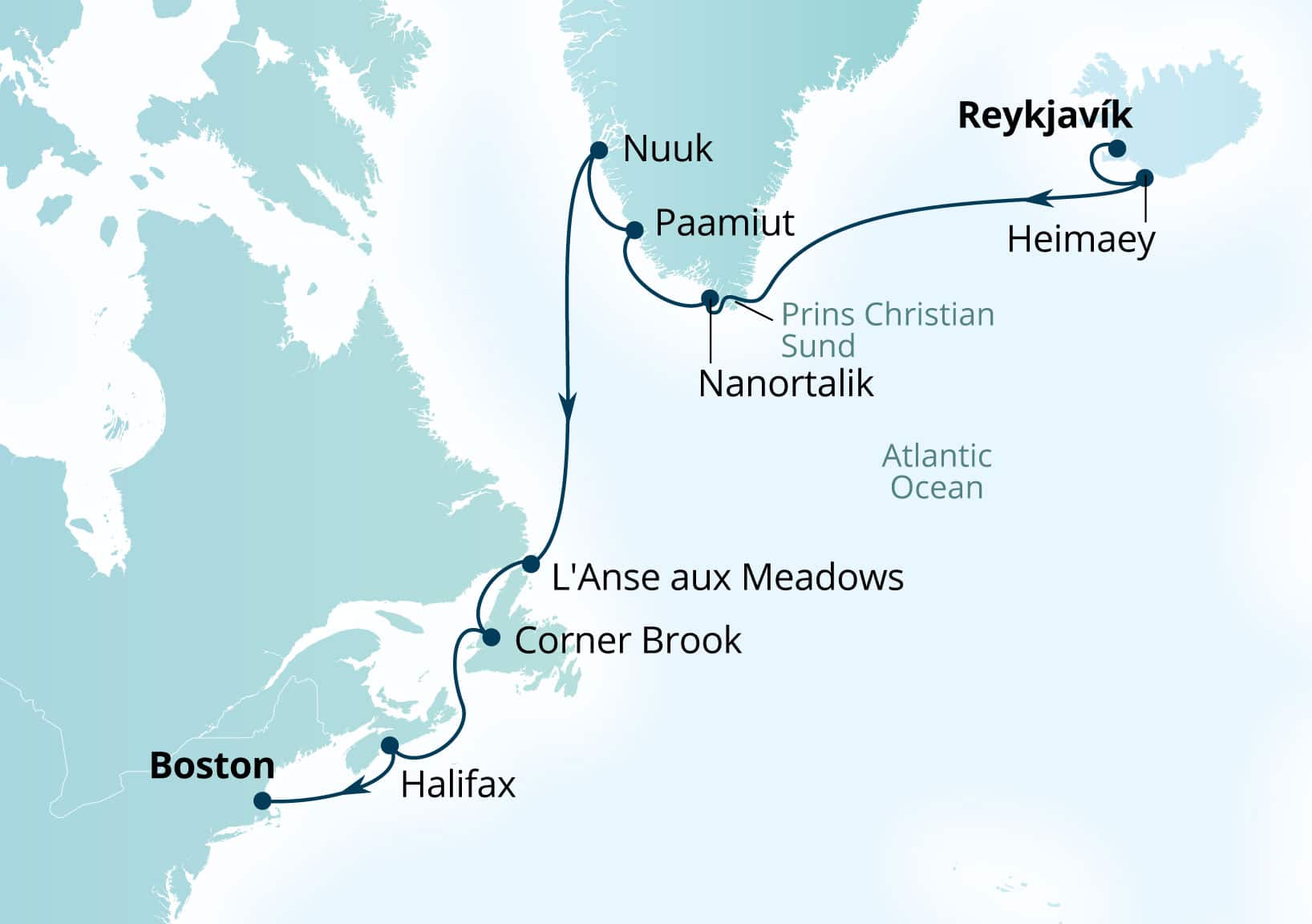 Seabourn Quest Voyage 6957 Reykjavik, Iceland to Boston, Massachusetts, US itinerary map, September 11-25 2029
