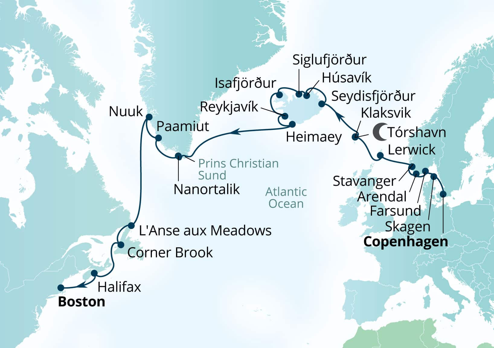 Seabourn Quest Voyage 6954A Copenhagen, Denmark to Boston, Massachusetts, US itinerary map, August 30-September 25 2029
