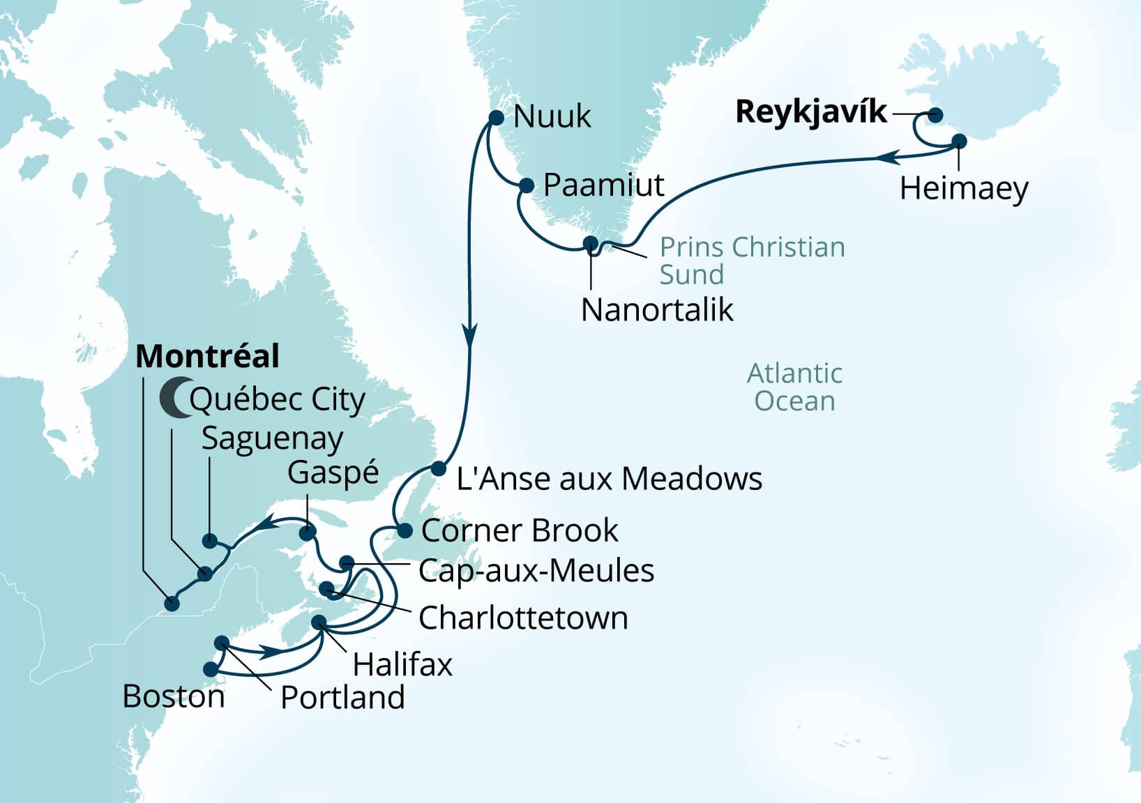 Seabourn Quest Voyage 6957A Reykjavik, Iceland to Montreal, Quebec, Canada itinerary map, September 11-October 7 2029