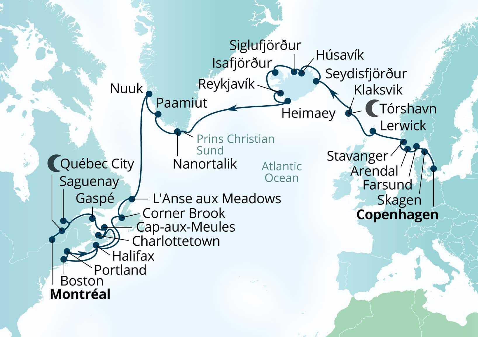 Seabourn Quest Voyage 6954B Copenhagen, Denmark to Montreal, Quebec, Canada itinerary map, August 30-October 7 2029