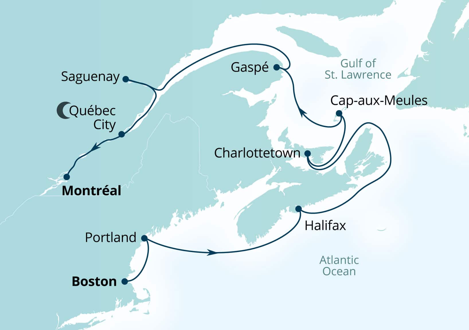 Seabourn Quest Voyage 6958 Boston, Massachusetts, US to Montreal, Quebec, Canada itinerary map, September 25-October 7 2029