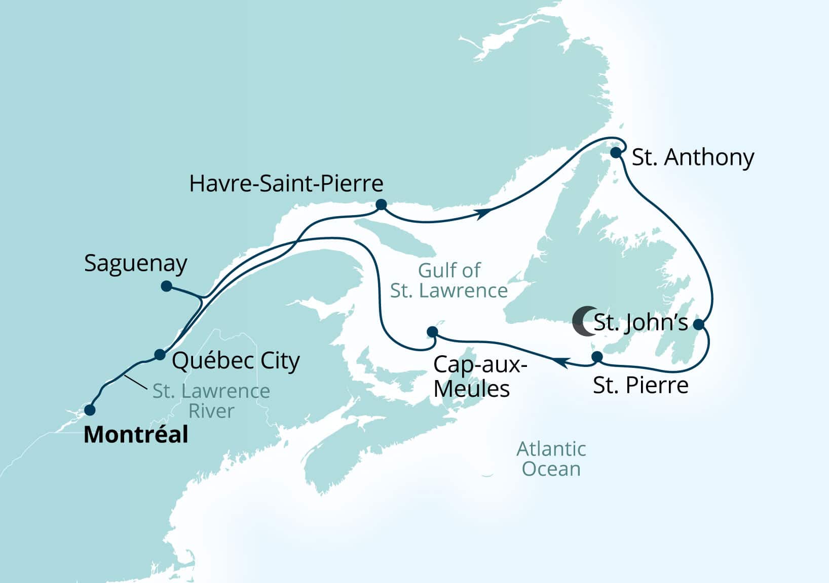 Seabourn Quest Voyage 6961 Montreal, Quebec, Canada to Montreal, Quebec, Canada itinerary map, October 7-19 2029