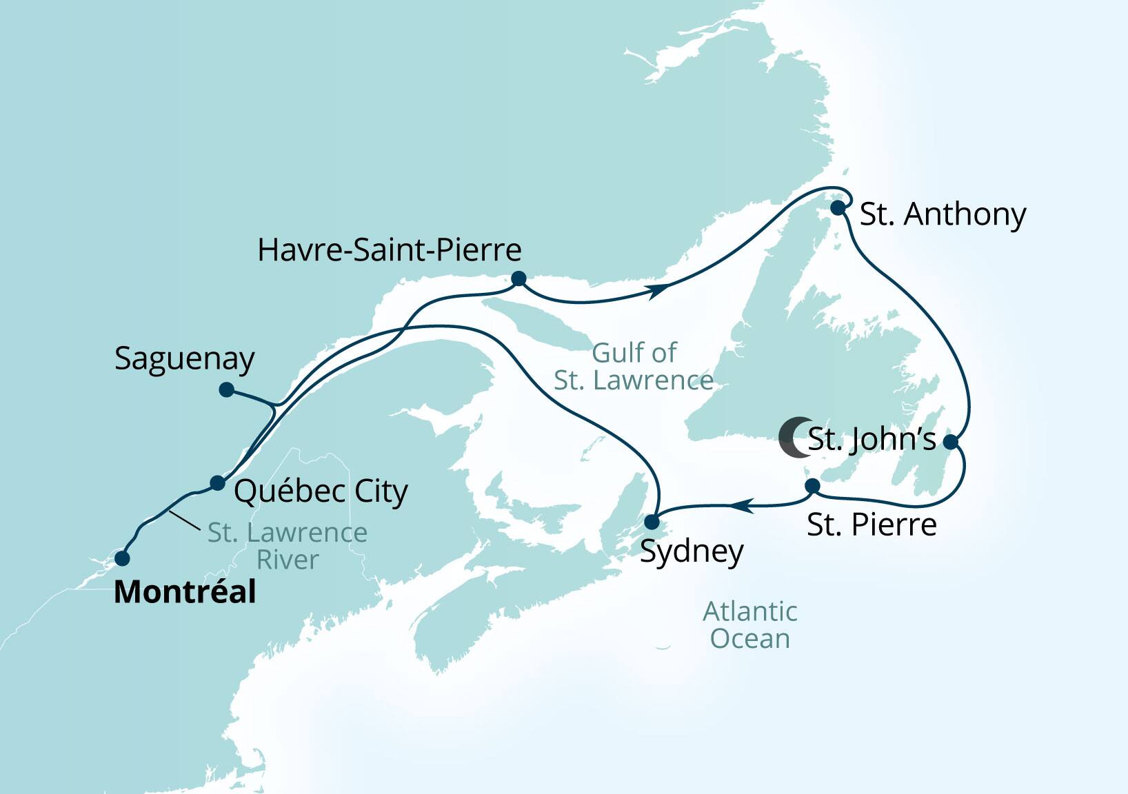 Seabourn Quest Voyage 6962 Montreal, Quebec, Canada to Montreal, Quebec, Canada itinerary map, October 19-31 2029