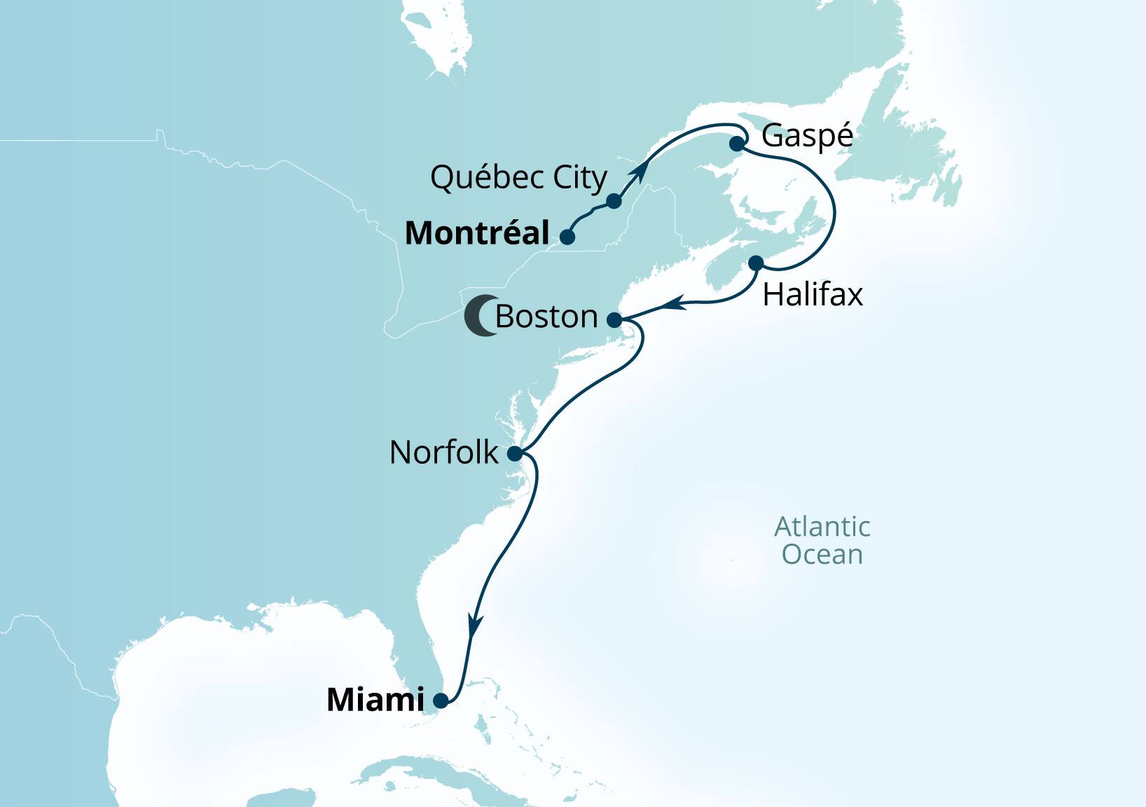 Seabourn Quest Voyage 6965 Montreal, Quebec, Canada to Miami, Florida, US itinerary map, October 31-November 13 2029
