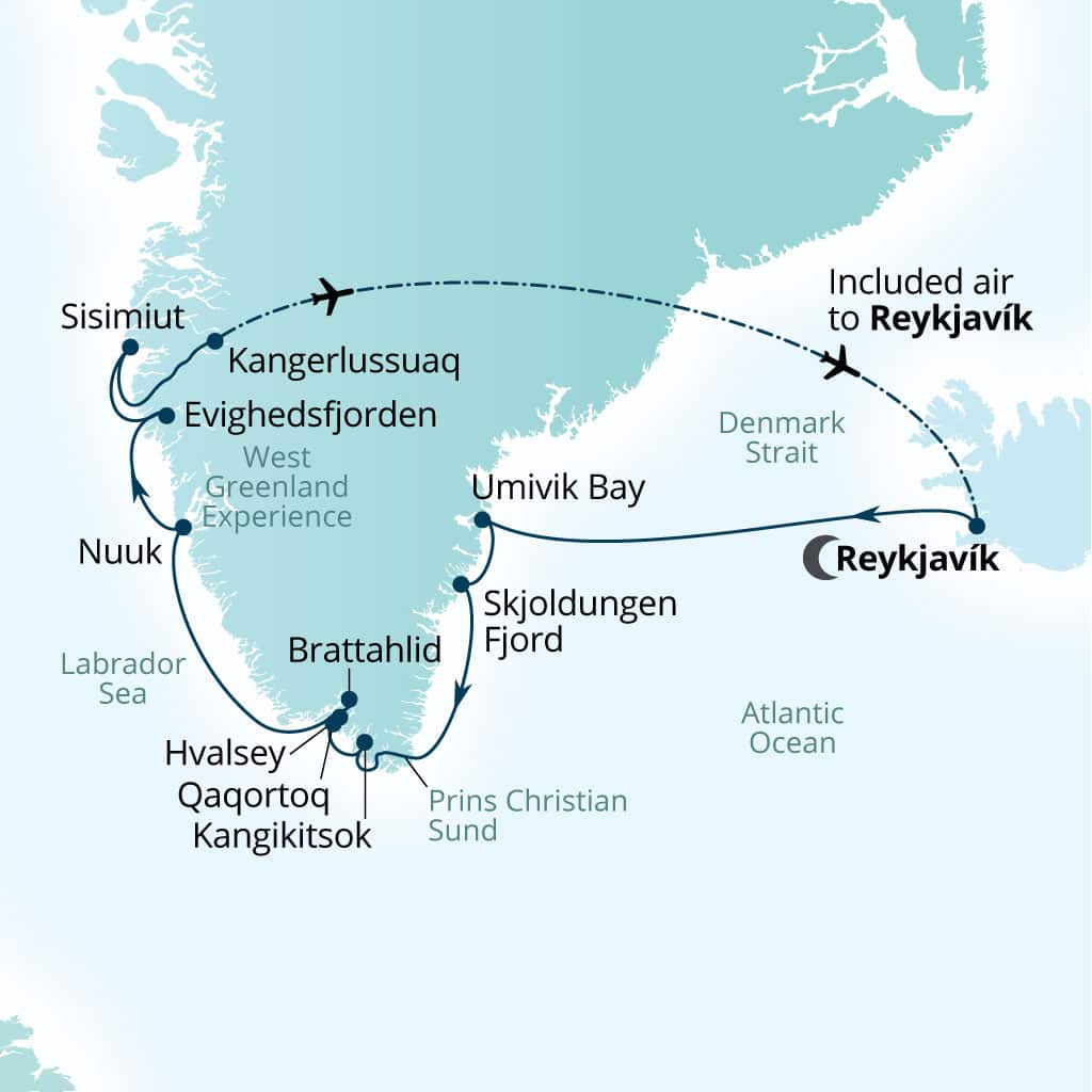 Seabourn Venture 12-day Reykjavik, Iceland to Reykjavik, Iceland itinerary map, July 26-August 7 2026