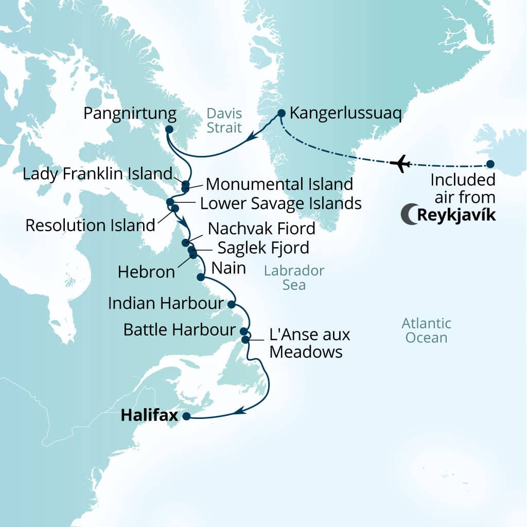 Seabourn Venture 15-day Reykjavik, Iceland to Halifax, Nova Scotia, Canada itinerary map, September 20-October 5 2026