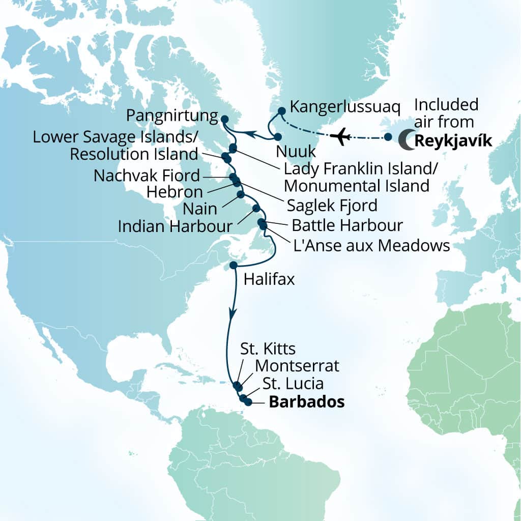 Seabourn Venture 23-day Reykjavik, Iceland to Bridgetown, Barbados itinerary map, September 20-October 13 2026