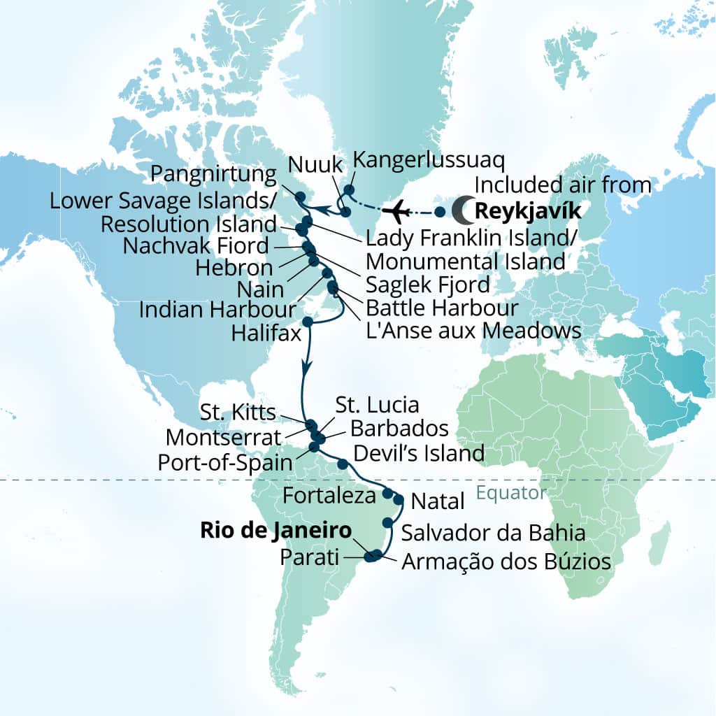Seabourn Venture 39-day Reykjavik, Iceland to Rio de Janeiro, Brazil itinerary map, September 20-October 29 2026