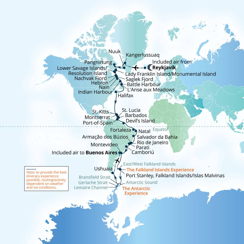 Seabourn Venture 60-day Reykjavik, Iceland to Buenos Aires itinerary map, September 20-November 19 2026