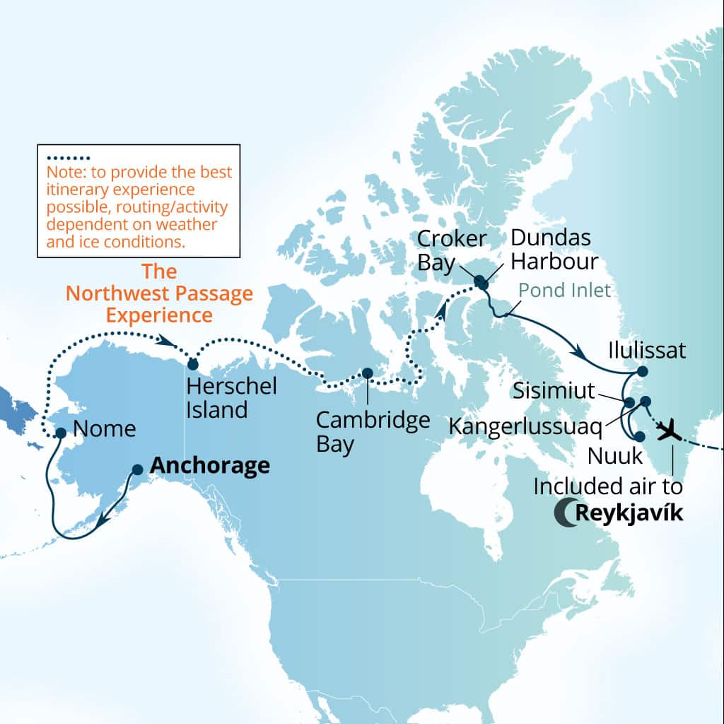 Seabourn Venture 24-day Anchorage, Alaska, US to Reykjavik, Iceland itinerary map, August 29-September 22 2026